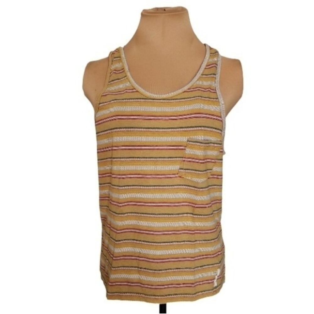 Koto Y2K Mens Striped Pocket Tank Top Mustard Yellow Red Size Small RN130290